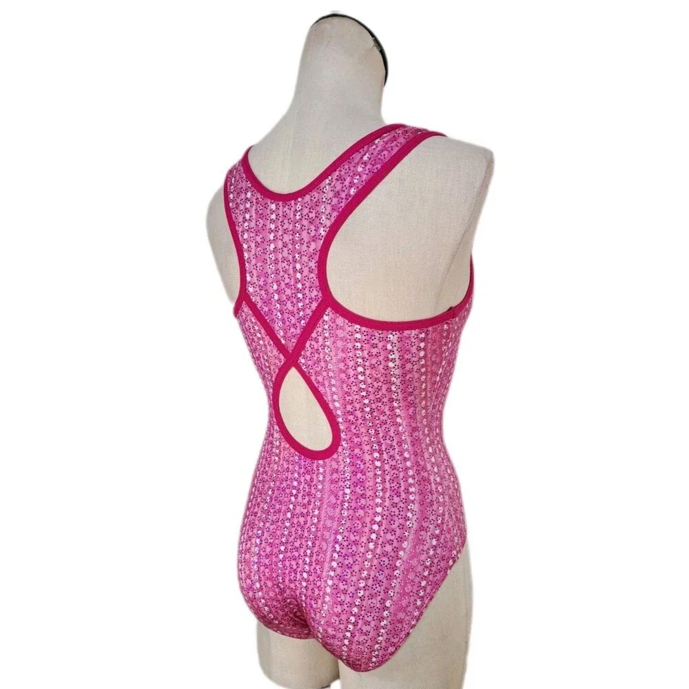 GK Elite VTG Pink Dots Keyhole Racerback Tank Leotard Glittery Size AL Adult L - Picture 4 of 16